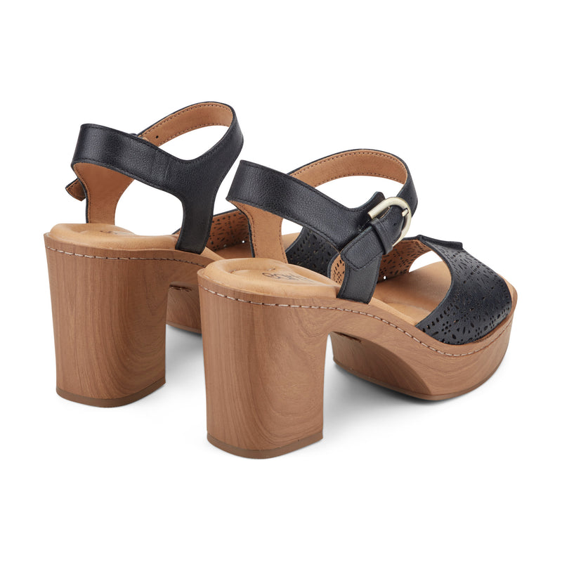 Earth Leather Heeled Sandals with Perforated Details-Quinty, Size 8-1/2 Medium, Black Earth Leather Heeled Sandals with Perforated Details-Quinty, Size 8-1/2 Medium, Black