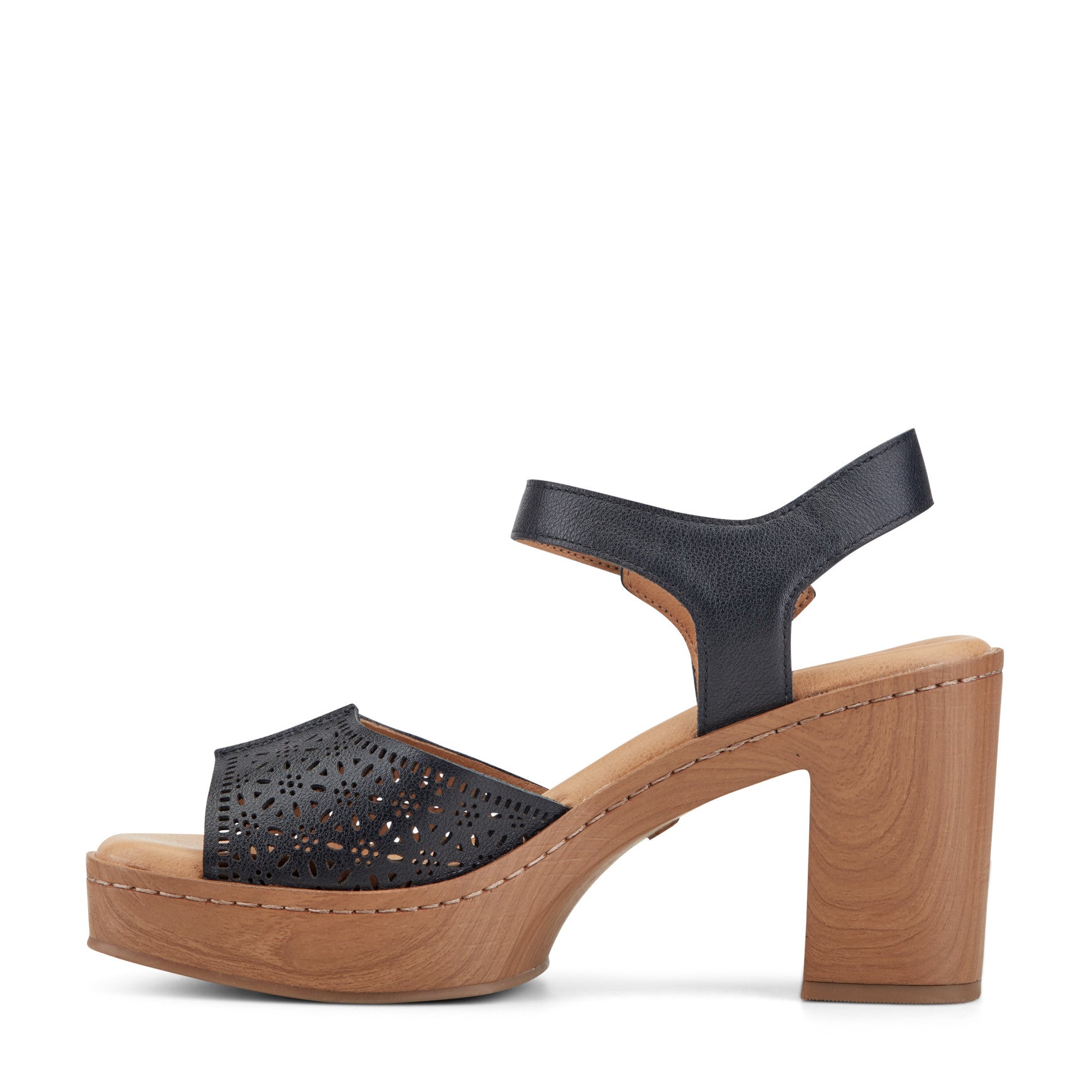 Earth Leather Heeled Sandals with Perforated Details-Quinty, Size 8-1/2 Medium, Black Earth Leather Heeled Sandals with Perforated Details-Quinty, Size 8-1/2 Medium, Black