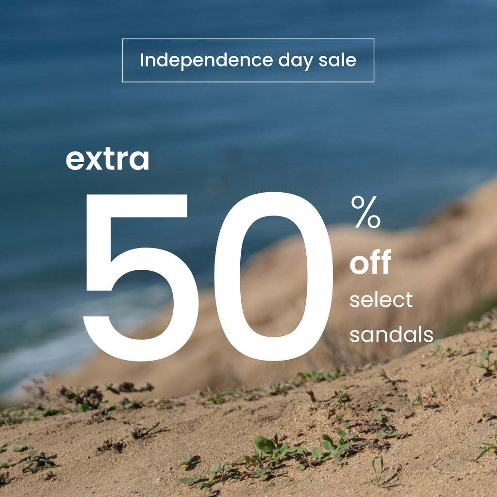 Promotional banner featuring Earth Shoes Independence Day sale with extra 50% off sandals 